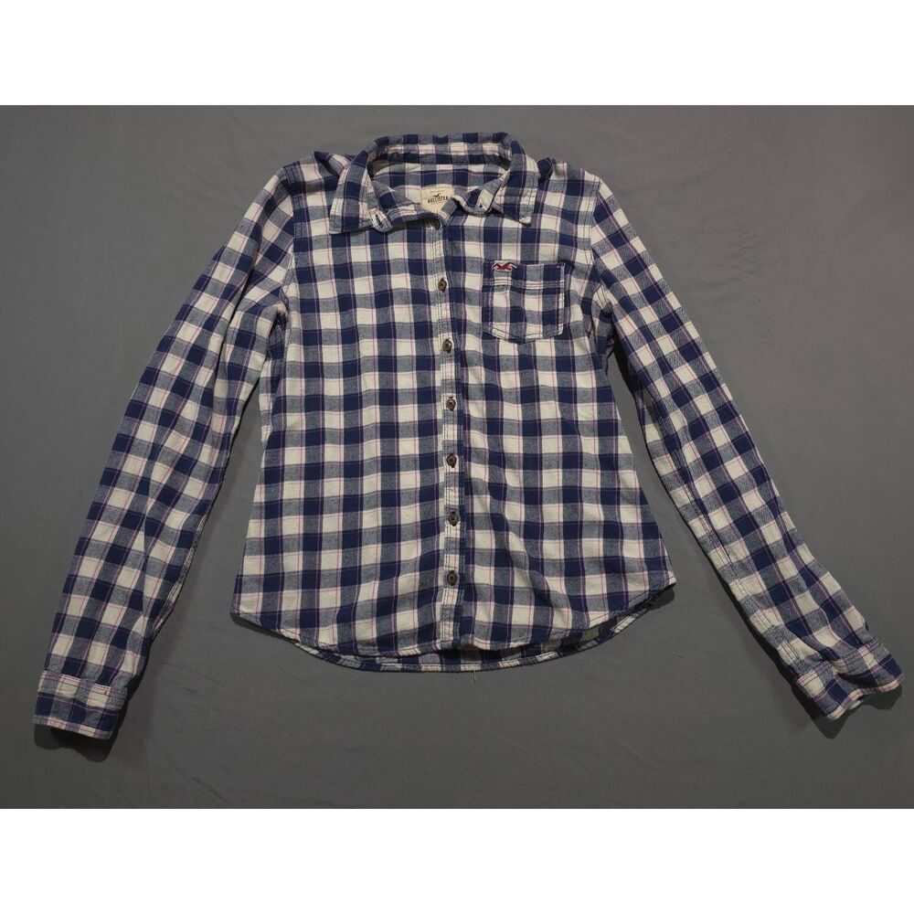 Hollister Womens Large Blue White Pink Plaid Flannel Button Down Shirt Top L